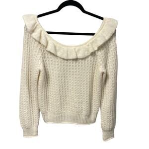 By Anthropologie Ruffled Boat Neck Sweater in Textured Ivory Knit Womens Medium